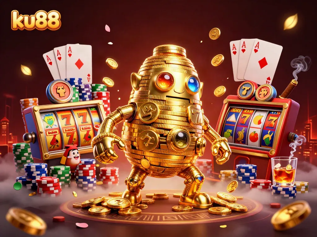 Engage with ku88's colorful gaming world featuring a dynamic golden golem surrounded by exciting slot machine elements.