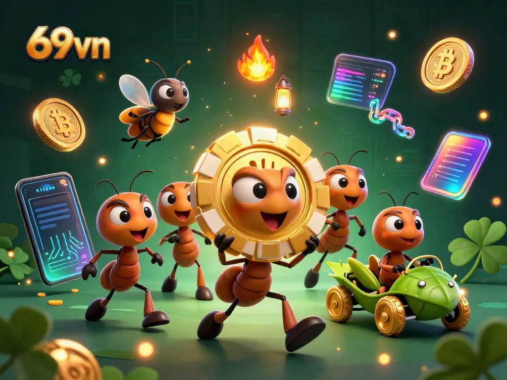 Engage in thrilling gameplay at 69vn with energetic ants stealing a large poker chip.