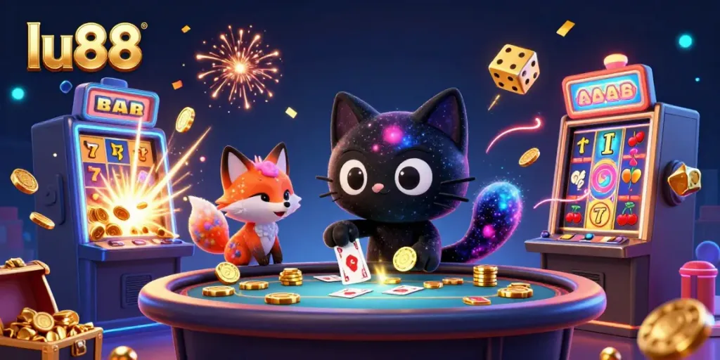 Experience winning vibes at LU88 with dynamic cosmic gaming elements like chips, slots, and golden dice.