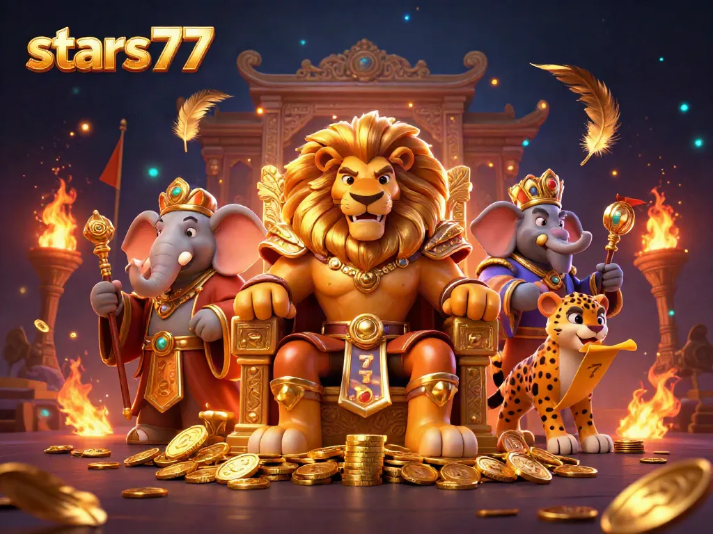 Stars77 menawarkan permainan slot menguntungkan dengan raja singa dan elemen kasino yang memukau.